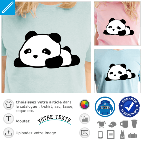 T-shirt panda kawaii couch et pattes allonges, motif panda noir et blanc  personnaliser et imprimer