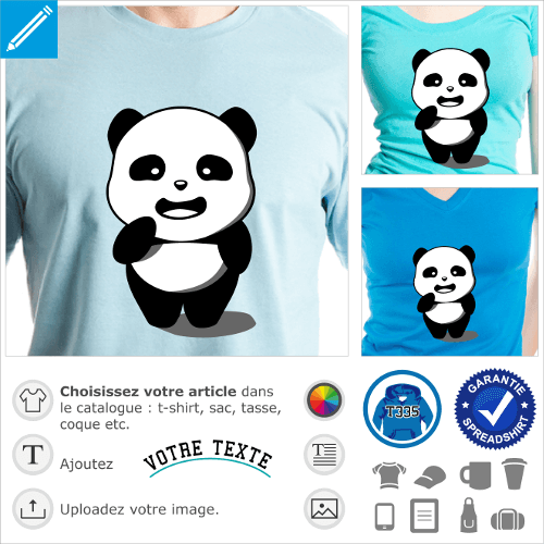 Panda kawaii debout avec ombre porte. Panda opaque rigolo 3 couleurs  imprimer en ligne.