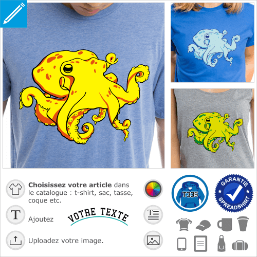 T-shirt pieuvre à personnaliser. Poulpe 3 couleurs aux tentacules enroulées, à imprimer en ligne.