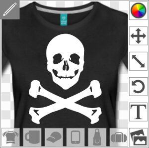 Pirate à sourire sarcastique, tête de mort rigolote à imprimer en blanc sur fond noir pour transformer un t-shirt ou un sac en drapeau pirate.