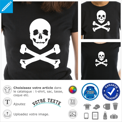 Pirate  sourire sarcastique, tte de mort rigolote  imprimer en blanc sur fond noir pour transformer un t-shirt ou un sac en drapeau pirate.