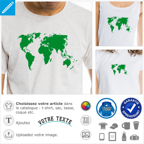 Planisphre une couleur, design Terre et carte du monde spcial impression sur t-shirt ou cadeau.