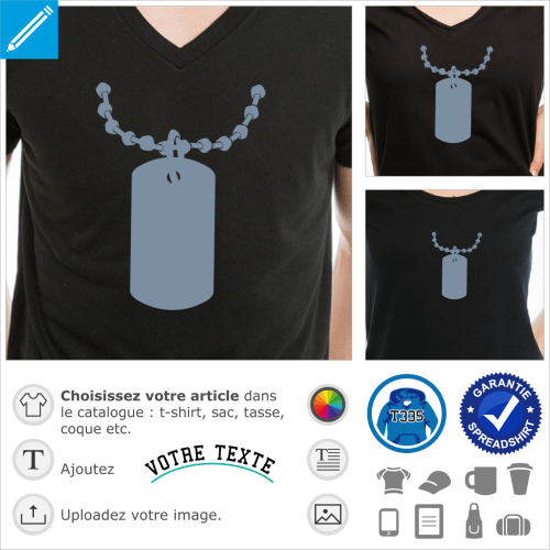 Plaque militaire vectorise accroche  une chane  boules. Ajoutez un matricule ou un nom et imprimez-la sur t-shirt.