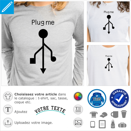 Plug me, blague geek avec symbole usb et typo pixels, hug me nerd.