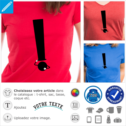 Point d'exclamation qui soulve son chapeau, un design graphique et typo 2 couleurs pour impression de t-shirt.