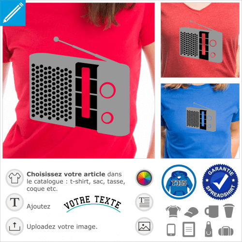 Radio des seventies en dessin plein et dcoupes des reliefs, un design spcial impression t-shirt color.