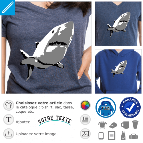 Requin 3 couleurs stylis spcial impression de t-shirt.