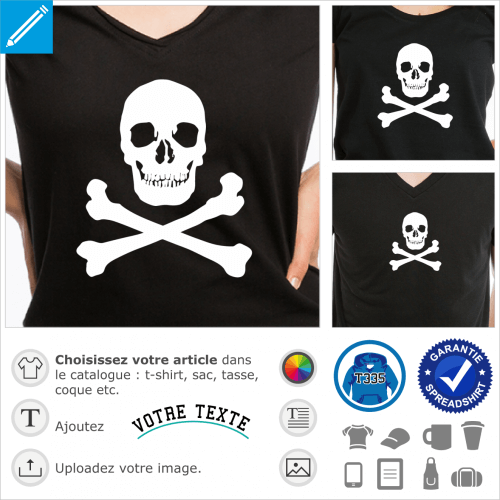 Tête de mort blanche à imprimer sur t-shirt noir pour créer un drapeau pirate original.