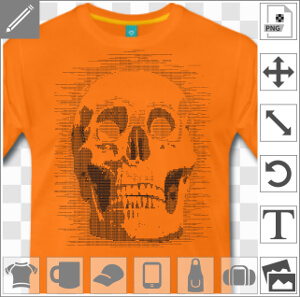Tête de mort dessinée en art ascii. La tête de mort est composée de 0 et de 1 pour les volumes et ombres claires, avec des points clairsemés pour la t