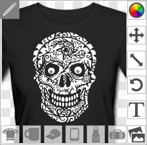 Tête de mort décorée de fleur, design négatif à imprimer sur t-shirt ou tasse sombre.