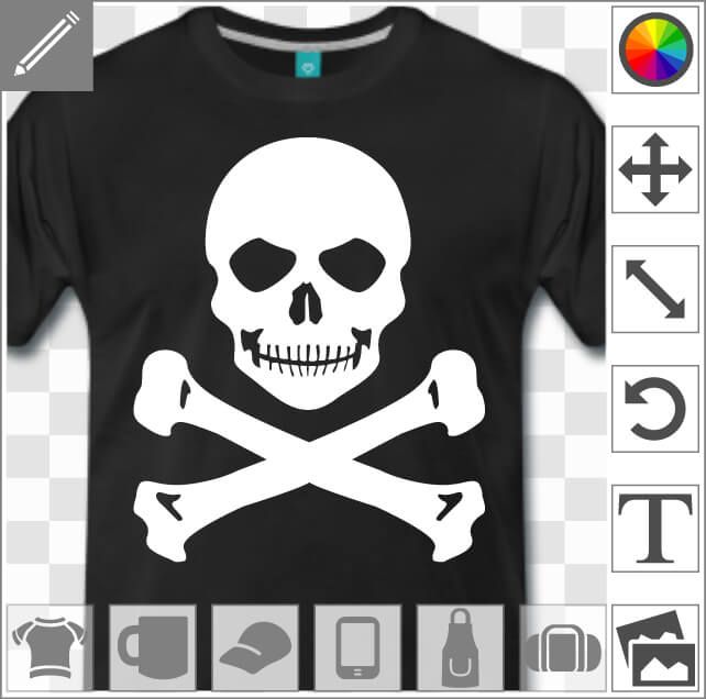Tête de mort souriante et moqueuse à imprimer en blanc sur t-shirt noir.