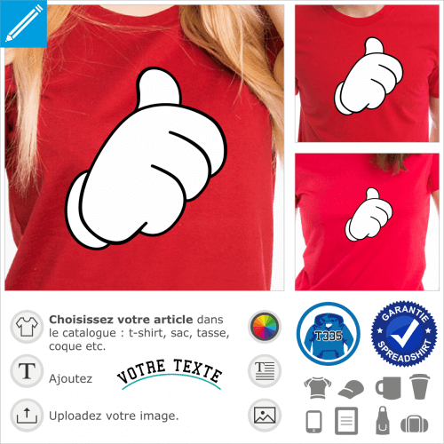 Thumb up, gant de Mickey pouce lev  imprimer sur t-shirt.