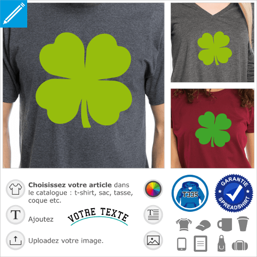 T-shirt trfle  4 feuilles  personnaliser et imprimer pour la Saint Patrick. Trfle irlandais uni opaque.