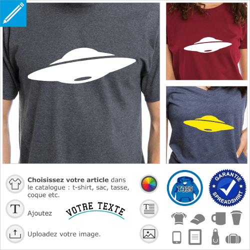 T-shirt ufo, soucoupe volante stylise  personnaliser. T-shirt alien et ovni  imprimer en ligne.