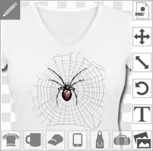 Dessin de veuve noire au centre de sa toile, illustration en style gravure et contours encrés à taches rouges. Créez un t-shirt araignée stylé pour Ha