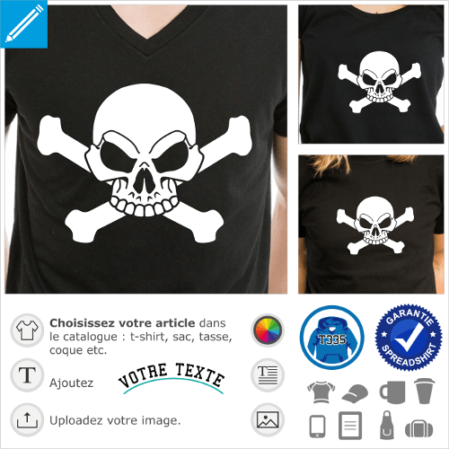 T-shirt pirate  personnaliser en ligne. Crne stylis sur os croiss. Tte de mort blanche  imprimer sur t-shirt noir.