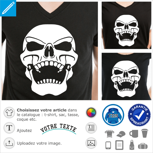 T-shirt tte de mort original  personnaliser soi-mme. Crne ricanant pench vers l'arrire. T-shirt pirate.