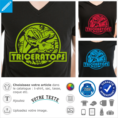 T-shirt tricratops, logo jurassic avec un dinosaure dcoup sur fond de vgtation. Personnaliser un t-shirt dinosaure.