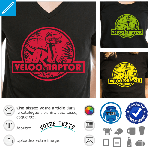 T-shirt vélociraptor à personnaliser. T-shirt dinosaure avec logo raptor rond rappelant Jurassic Park