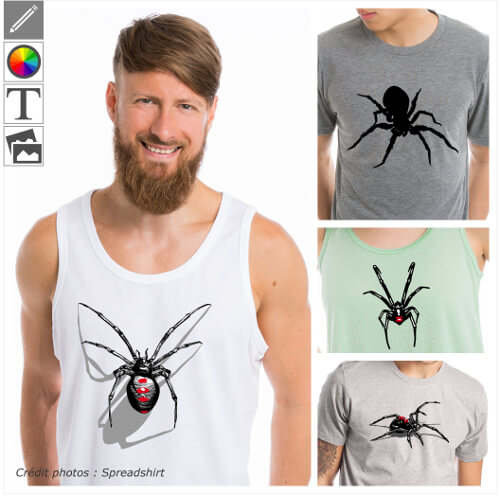 T-shirts araignée, veuves noires, mygales, araignées rayées personnalisables dessinées en format spécial impression en ligne.