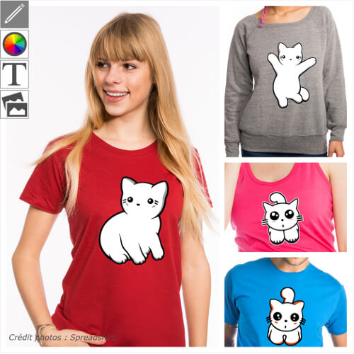 T-shirts chats personnaliss. Figures de chat, chaton, yeux de chats en style kawaii etc. Choisissez votre design et imprimez-le en ligne.