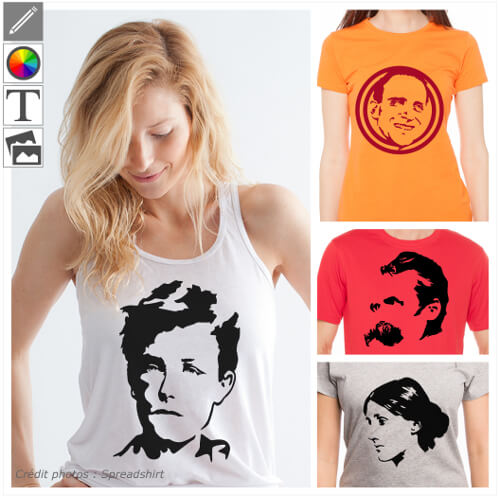 T-shirts crivains, portraits d'auteurs  imprimer en ligne. Personnaliser votre t-shirt Rimbaud, Vian, Virginia Woolf.