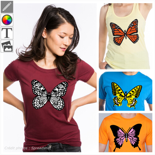 T-shirts papillons personnaliss, designs dcoratifs et colors pour crer un t-shirt papillon original.