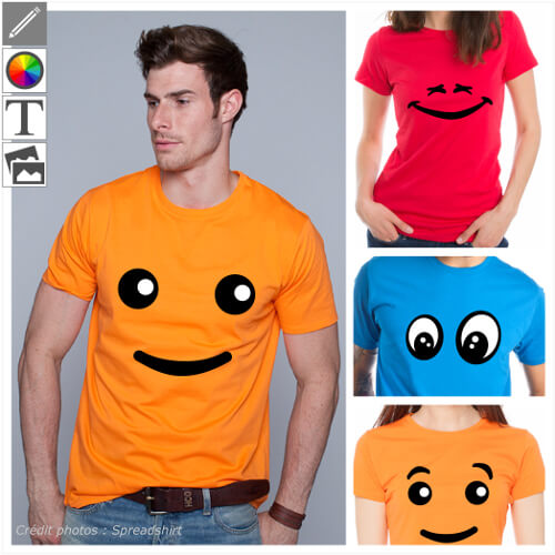 T-shirts smiley, yeux, sourires et petits personnages. Personnalisez un design et imprimez votre t-shirt smiley original en ligne.