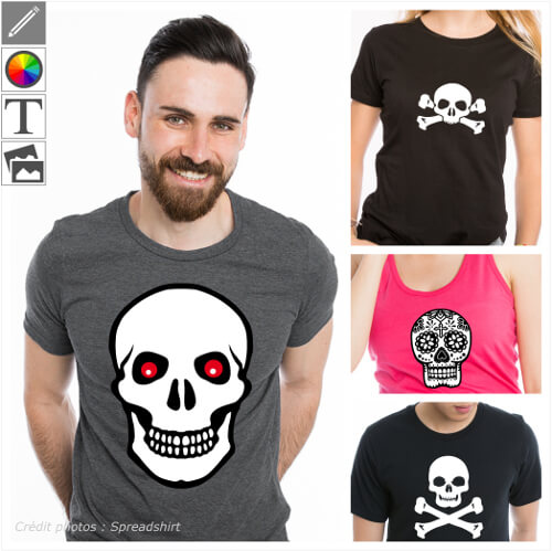 T-shirts tte de mort personnaliss. Crnes, ttes de mort et os croiss, ttes stylises, choisissez votre motif  personnaliser et imprimer en ligne