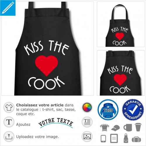 Kiss the cook, embrassez le cuisinier, cœur et typo en cercle à imprimer sur tablier de cuisine.