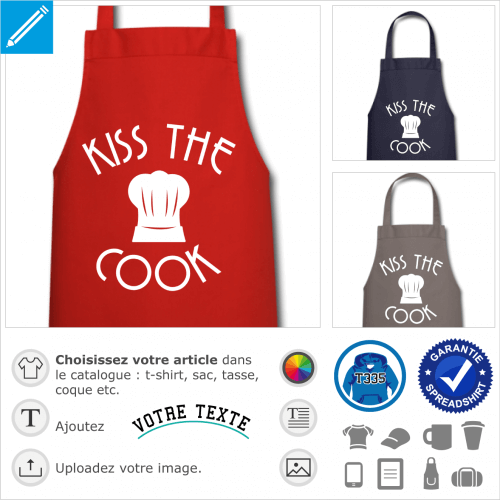 Kiss the cook et toque de cuisine, un design une couleur spécial impression en ligne. Créez un tablier personnalisé original.