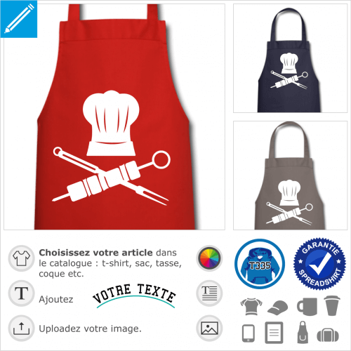 Chef pirate, toque  et brochette croise avec une fourchette  viande, personnalisez votre tablier de chef.