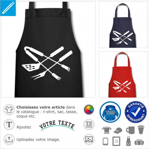 Spatule et fourchette croises avec une pince  viande, un design une couleur spcial impression en ligne  imprimer sur tablier ou t-shirt spcial ba