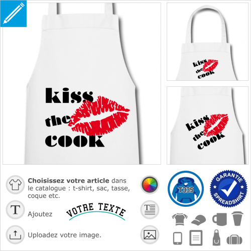 Kiss the cook, design fun crit en typo ronde et paisse Braggadocio, avec une trace de rouge  lvres stylise.