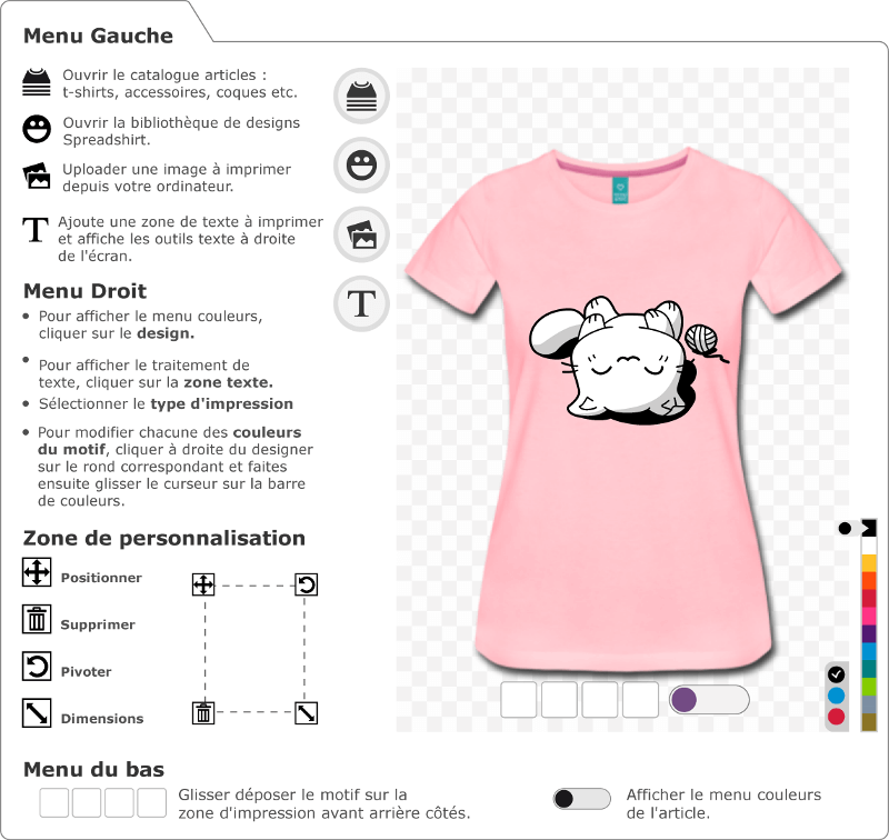T-shirt chat personnalisé. Chaton kawaii endormi sur le dos, dessin 3 couleurs à personnaliser.