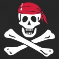 Jolly roger, symbole pirate pour impression blanc sur noir. Emblme tte de mort et os croiss.