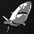Requin stylisé dessiné en aplats, motif trois couleurs.
