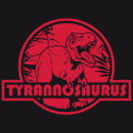 T-shirt dinosaure à personnaliser. T-rex stylisé découpé sur fond rouge rond, et barre transversale indiquant : tyrannosaurus.