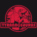 T-shirt dinosaure  personnaliser. T-rex stylis dcoup sur fond rouge rond, et barre transversale indiquant : tyrannosaurus.