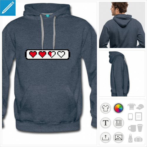 sweat  capuche coeur pixel  personnaliser