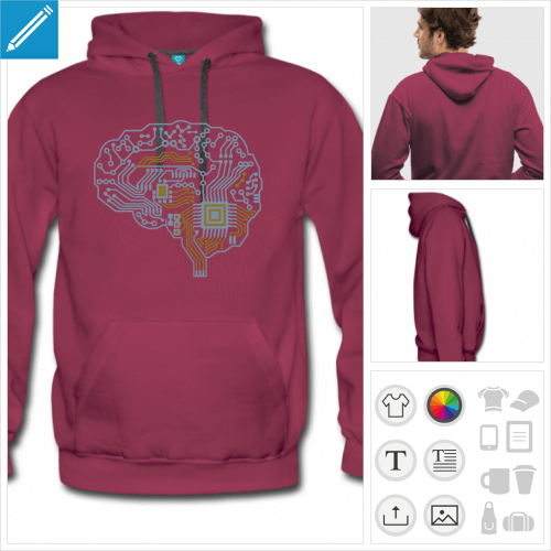 Hoodie masculin personnalis avec un design geek, cerveau dessin de profil compos de lignes de circuit imprim.