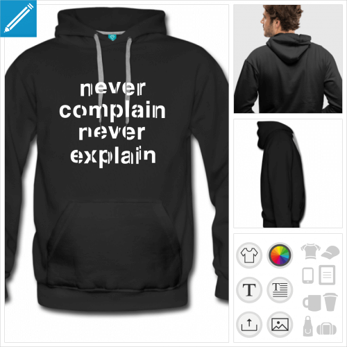 hoodie noir never complain personnalisable, impression  l'unit