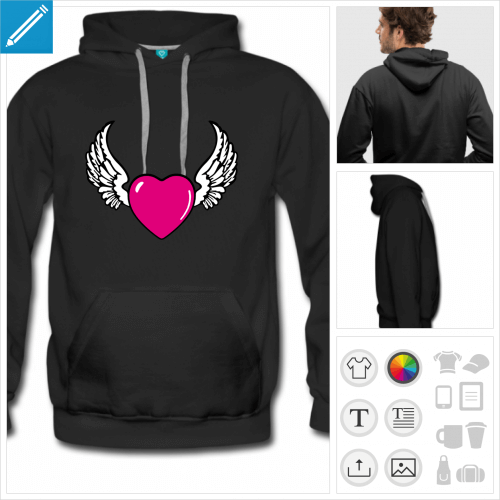 hoodie noir coeur personnalisable, impression  l'unit