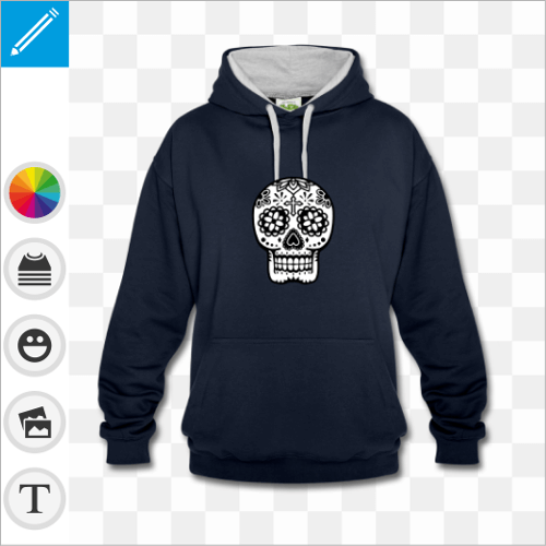 Hoodie noir intrieur capuche gris, motif tte de mort sur la poitrine.