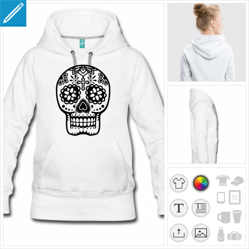 Hoodie pour femme avec poches sur le devant et motif floral tte de mort mexicaine.