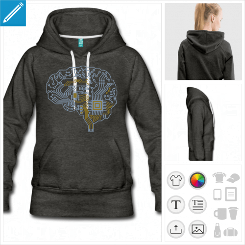 Hoodie femme personnalis avec un cerveau dessin en circuits imprims. Motif cyborg et robotique deux couleurs.