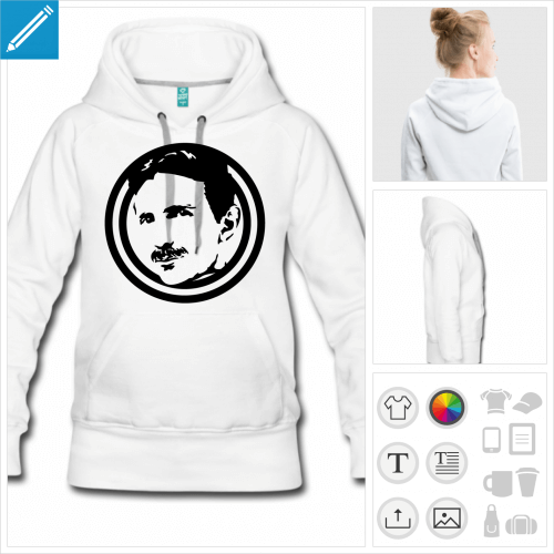 Hoodie gris cendre pour femme et design Tesla Day ave portrait du gnie en mdaillon.