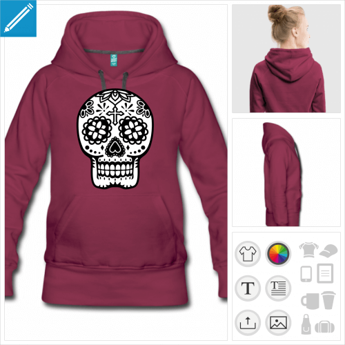 Hoodie femme simple, poches  l'avant et motif fleuri mexicain.