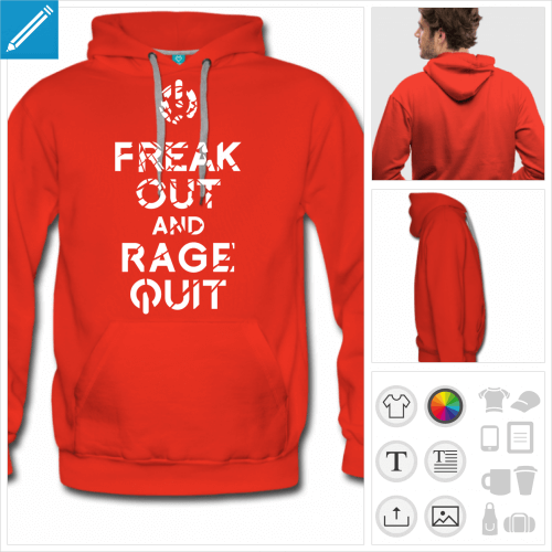 sweat  capuche rage quit personnalisable, impression  l'unit