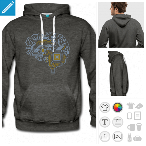 Hoodie homme personnalis avec un cerveau fait de lignes de circuit lectronique.